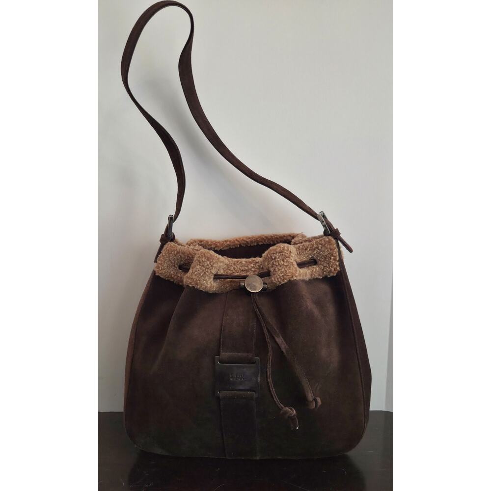 Vtg Stuart Weitzman Brown Suede Hobo Bucket Bag Plush Faux Fur Trim Drawstring